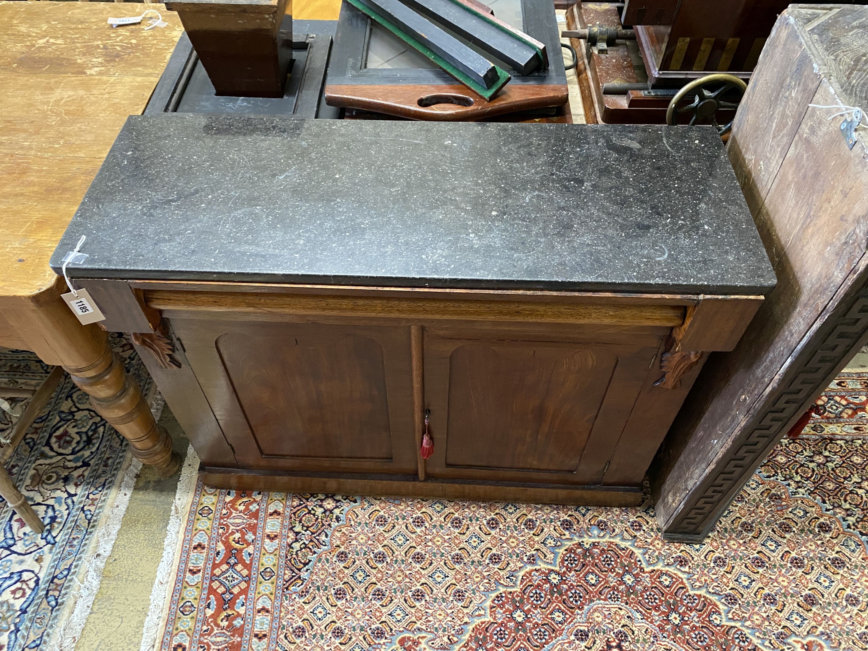 A Victorian mahogany marble topped chiffonier, width 106cm, depth 38cm, height 83cm